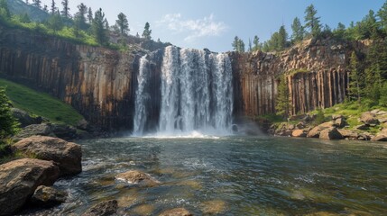 Fototapeta premium Iron Falls USA Daytime. The best view of Iron Falls in the USA during the day, with the waterfall cascading down rocky cliffs under a clear blue sky, a Minimalist,