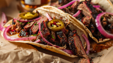 close-up of brisket tacos with pickled jalapeños and onions, capturing the vibrant colors and rich flavors of texas bbq