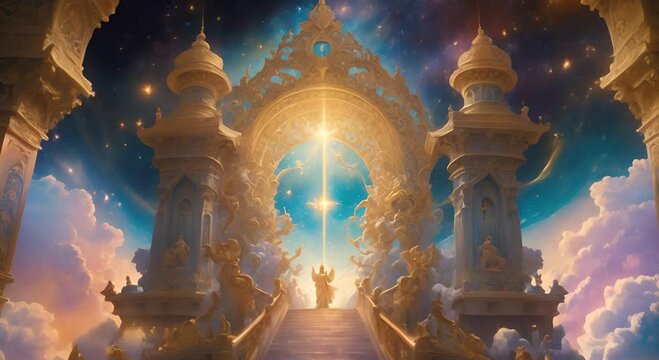 A celestial staircase ascending to the heavens, with golden gate and columns with shimmering light