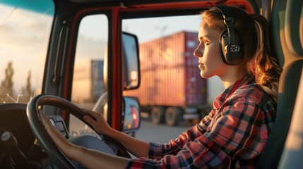 Truck Driver with Headphones in a Cab at Sunset