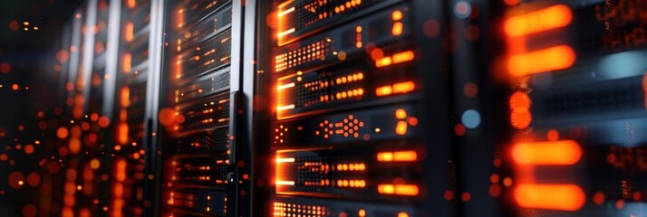 Data Center with Servers and Orange Lights