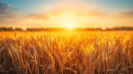Sunset Over Wheat Field with Clear Sky A golden sunset over a vast wheat field