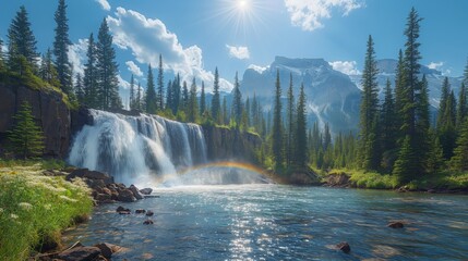 Fototapeta premium Iron Falls Daytime Wonder. Clear skies with the sun shining brightly, the waterfall roaring as it plunges into a rocky pool, surrounded by tall pine trees and wildflowers, with a rainbow forming in