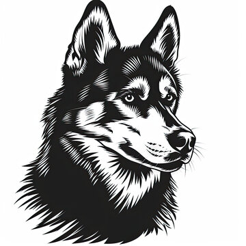 A black and white drawing of a siberian husky dog