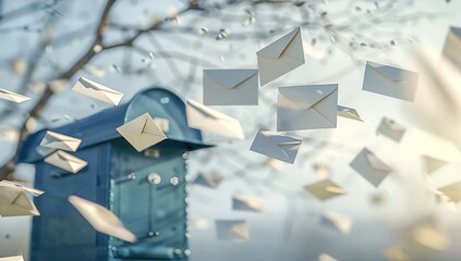 Envelopes Falling From Sky Near Old Blue Mailbox