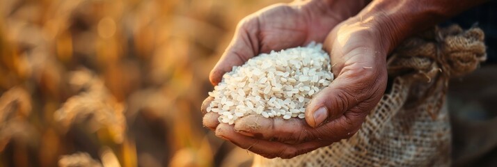 Hands Holding Rice Grains in a Rice Field