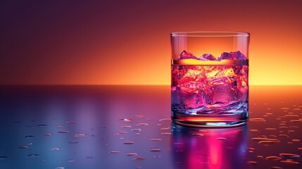 A Glass of Pink Liquid with Ice Cubes on a Reflective Surface