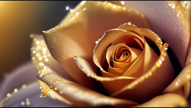 Beautiful gold rose with water droplets close up video,4k Flowers, love, beauty greeting card background.