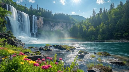 Naklejka premium Lightning Falls Daytime Majesty. Clear skies with bright sunlight, the waterfall thundering down into a wide, rocky pool surrounded by dense forest and vibrant wildflowers, with a light mist creating
