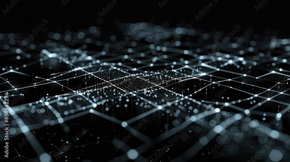 Poster the image is a glowing blue grid of dots and lines on a black background. it is reminiscent of a cir