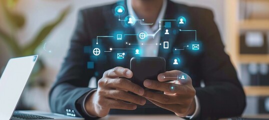 Businessman Using Smartphone with Digital Interface