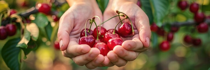 Freshly picked cherries held in hands with green leaves background.