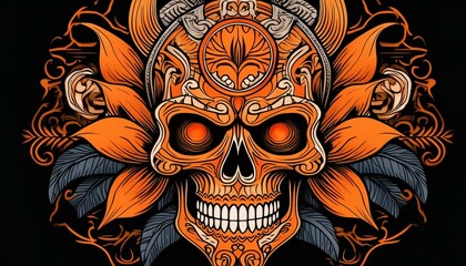 Ilustración de Calaveras y demonios con color naranja con negro 5