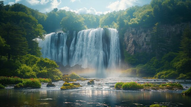 Raven Falls Daytime Majesty. Clear Skies With Bright Sunlight, The Waterfall Thundering Down Into A Wide, Rocky Pool Surrounded By Dense Forest And Vibrant Wildflowers, With A Light Mist Creating A