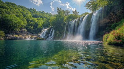 Fototapeta premium Gold Hill Falls Daytime Tranquility. Bright and sunny with a few clouds, the waterfall cascading into a clear blue pool surrounded by lush green trees and vibrant wildflowers, with a light mist