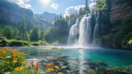Breaker Falls Daytime Tranquility. Bright and sunny with a few clouds, the waterfall cascading into a clear blue pool surrounded by lush green trees and vibrant wildflowers, with a light mist rising