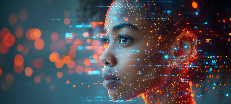 Portrait of young african american woman with digital binary code. AI cyber security threat. AI cyber security concept - Powered by Adobe