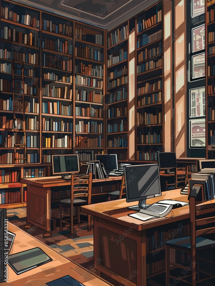 Poster a spacious student library with rows of bookshelves and computers. generative ai