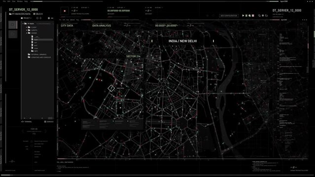 High tech surveillance detection system analysing the night city map. High tech surveillance detection software identifying the target vehicle. High tech surveillance detection program pursues target.