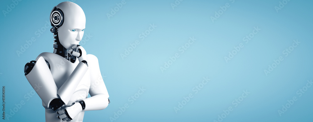 Poster mlp 3d illustration thinking ai humanoid robot analyzing information data in concept of artificial i