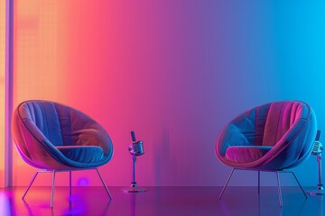 two modern basket chair with a sleek and minimalist design and microphones in podcast or interview room isolated on neon background as a wide banner for media conversations 