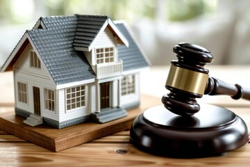 Close-up of a house model with a gavel on a wooden table representing property sale and legal matters in real estate.