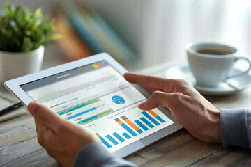 close-up photo of a person's hands holding a digital tablet showing their credit score at a desk, with a cup of coffee in the background.