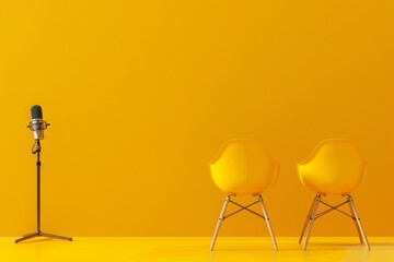 two chairs and microphones in podcast or interview room isolated on solid yellow background as a wide banner for media conversations 
