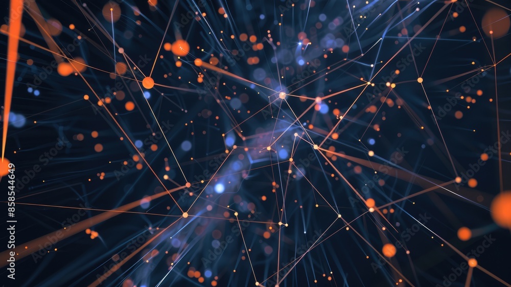 Poster abstract art of digital network with glowing orange and blue dots on a dark background. digital art 