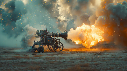 Fototapeta premium Vintage cannon firing with explosion and smoke on the battlefield.