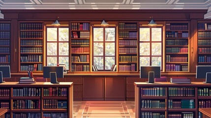 A bright, spacious student library with bookshelves full of books and computers for studying. Generative AI