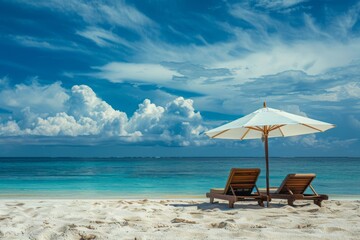 beach with umbrella and chairs