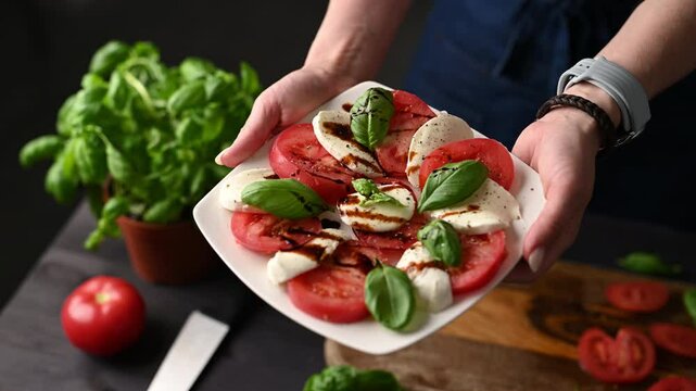 Top View Of A Girl In An Apron Presenting A Delicious Traditional Caprese Salad