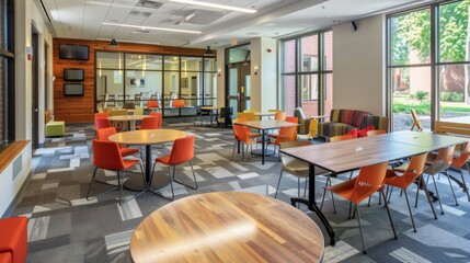 A spacious student lounge with large windows, comfortable seating, and dining tables. Perfect for studying, socializing, or taking a break. Generative AI - Powered by Adobe