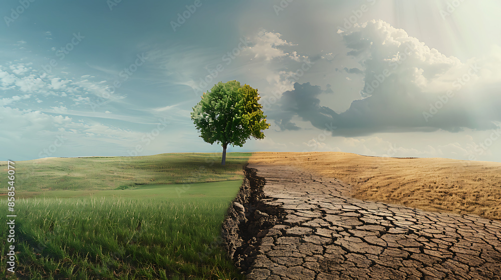 Wall mural a striking contrast between two halves of a landscape. On the left, there is lush green grass under a clear sky, suggesting a healthy and vibrant ecosystem