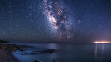 Serene Night View of Lake Superior with Starry Sky Reflections
