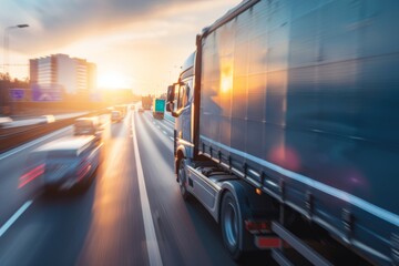 A commercial truck driving on a highway at sunset, featuring motion blur from traffic, symbolizing transport and logistics on a busy road.