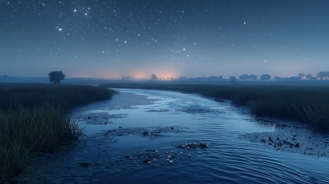 Serene Night Scene at Lake Poyang - Tranquil Water, Moonlit Skies, Marshlands in Darkness