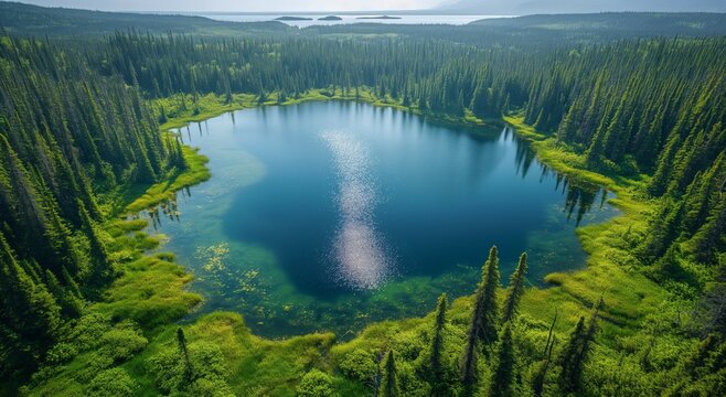 Lake Athabasca Day View without People. A panoramic view of Lake Athabasca, with its crystal-clear waters reflecting the brilliance of the sun. 
