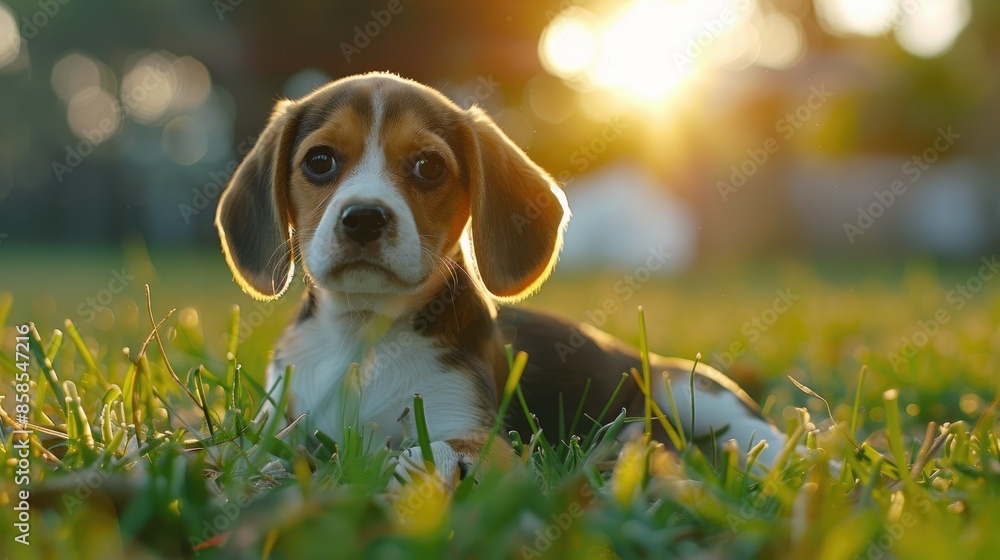 Sticker Portrait of adorable beagle puppy on green grass at sunrise