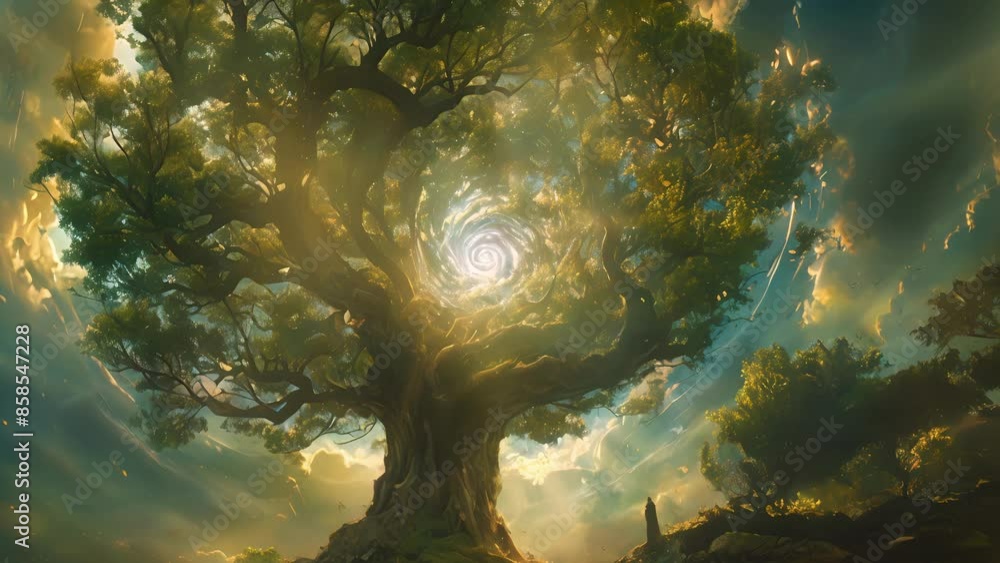 Poster in the center of the grove stands a magnificent tree with branches reaching towards the heavens enve