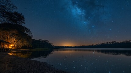 Serene Moonlit Night at Lake Mirim - Tranquil Starry Sky Reflections on Water Creating Peaceful Minimalist Scene