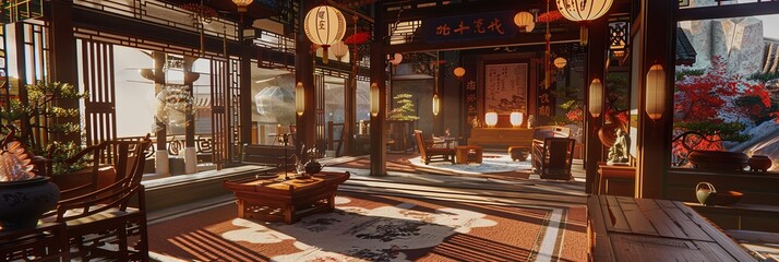 Naklejka premium A person sits contemplatively on a bamboo bench in a serene traditional Chinese tea house. Surroundings feature tatami mats and wrought furniture. Generative AI