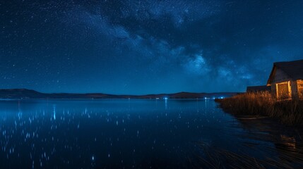 Serene Lake Titicaca Night View with Starry Sky