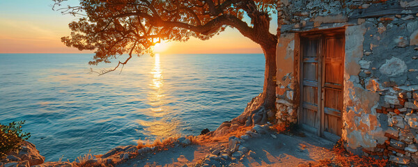 mediterranean landscape with old tree, rustic seaside house with old wooden door and ocean view