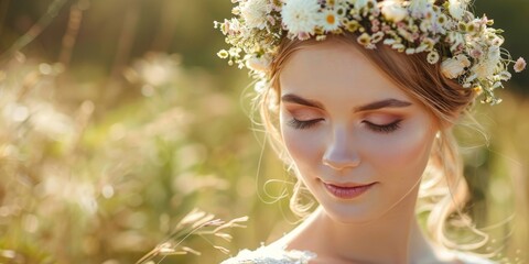 Fototapeta premium Elegant Bride Wears Floral Wreath at Stylish Wedding