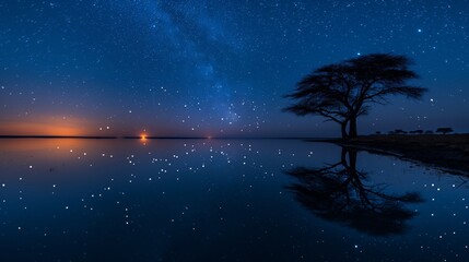 Serene Night View of Lake Turkana - Tranquil Desert Lake under Starry Sky