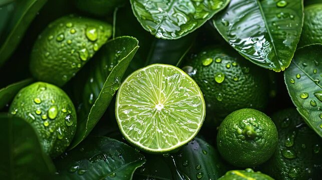 moist fresh lime and leave as background, top view
