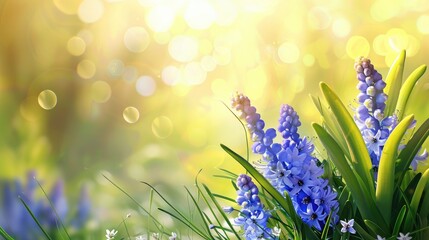 Bright spring background template with grape hyacinth flowers in sunlight