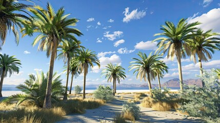 Obraz premium Sunny Tropical Beach with Palm Trees and Blue Sky. Pretty Landscape